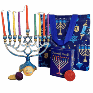 Candelabro Estrella De David Januca: Januquilla, Bolsa, Dreidel, Chocolate y Velas